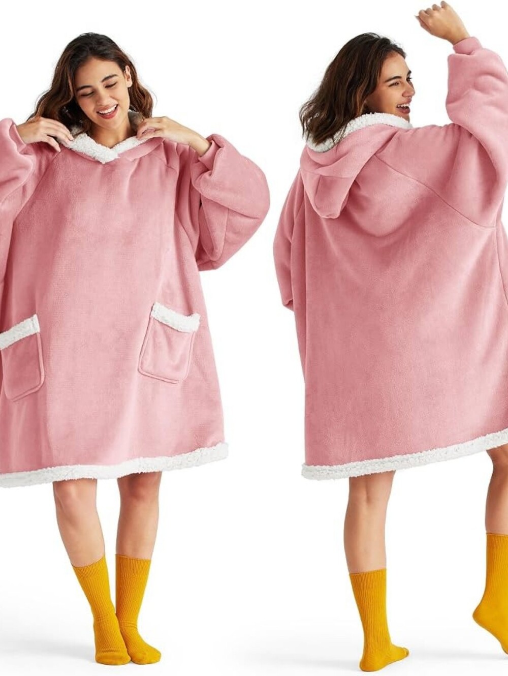 Bedsure Wearable Blanket Snuggie Plush Hooded Sherpa Lounge Robe - Pink